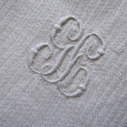 仏アンティーク白リネン大タオル手刺繍モノグラム花柄ダマスク 3枚目の画像