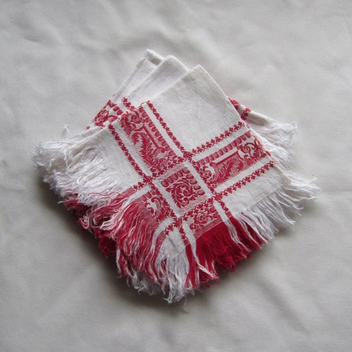 フランスアンティーク リネン ナプキン ダマスク織フリンジ 生地