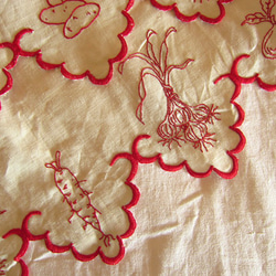 フランスアンティーク赤手刺繍リネン棚飾り布キッチン野菜柄/巾23×357cm 3枚目の画像
