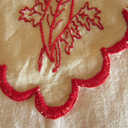 フランスアンティーク赤手刺繍リネン棚飾り布キッチン野菜柄/巾