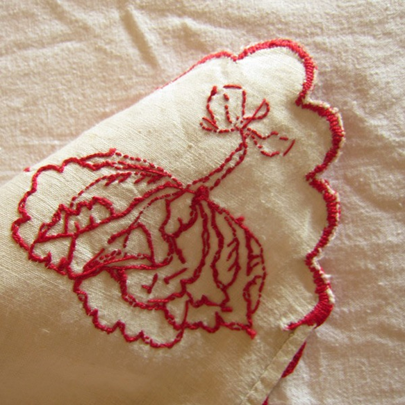 フランスアンティーク赤手刺繍リネン棚飾り布キッチン野菜柄/巾23×357cm 8枚目の画像
