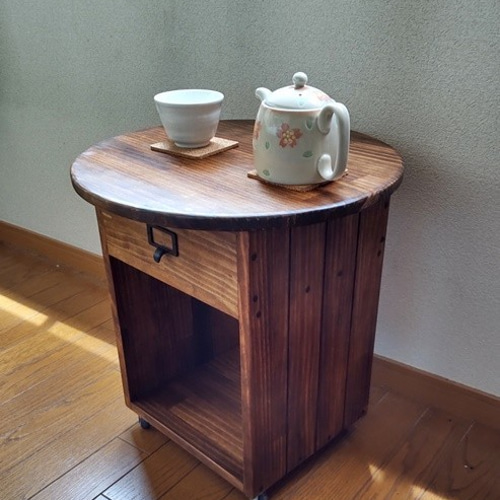 天板オープン収納付き♪ブラウンCafe＊まぁるいサイドテーブル