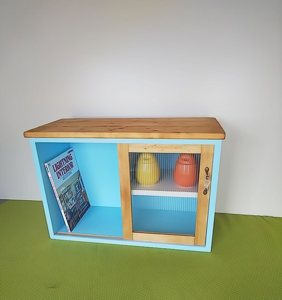 クリアWoodブルー＊スライドDoor＊一枚引き戸収納Box＊ 棚