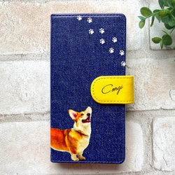 コーギーとデニムの手帳型スマホケース iphone15 iphone13 iphone14 全機種対応 犬 コーギー 4枚目の画像