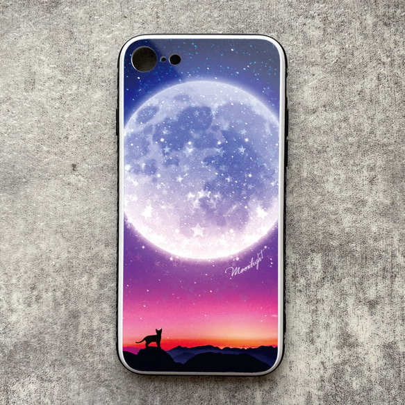 満月とねこのiphoneケース（強化ガラス/パープル） 猫 黒猫 月 宇宙 iphone14 iphone15 1枚目の画像