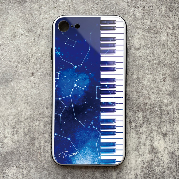 宇宙とピアノのiphoneケース（強化ガラス） ピアノ 宇宙 スマホケース 音楽 iphone14 iphone15 1枚目の画像