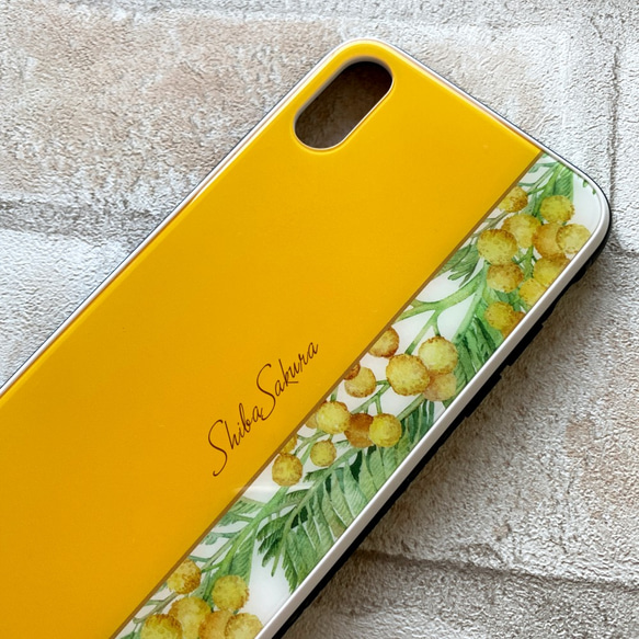 ミモザのガラススマホケース（ウォームオレンジ） iphone14 iphone15 ミモザ スマホケース 4枚目の画像