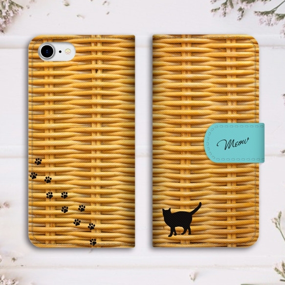 黒猫とラタンの手帳型スマホケース（ブルー） iphone14 iphone15 全機種対応 猫手帳型 スマホケース 2枚目の画像