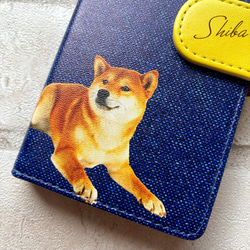 柴犬とデニムの手帳型スマホケース（イエロー） iphone14 iphone15 全機種対応 柴犬 スマホケース 犬 4枚目の画像