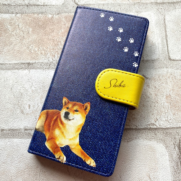 柴犬とデニムの手帳型スマホケース（イエロー） iphone14 iphone15 全機種対応 柴犬 スマホケース 犬 5枚目の画像