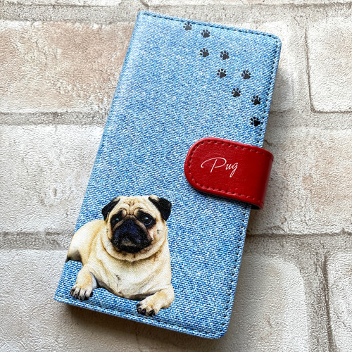 パグとデニムの手帳型スマホケース iphone16 iphone17 全機種対応 手帳