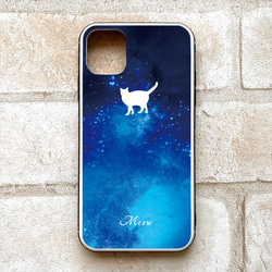 宇宙と白猫のガラススマホケース 強化ガラス 宇宙 猫 iPhone15 iphone13 iphone14 スマホケース 2枚目の画像