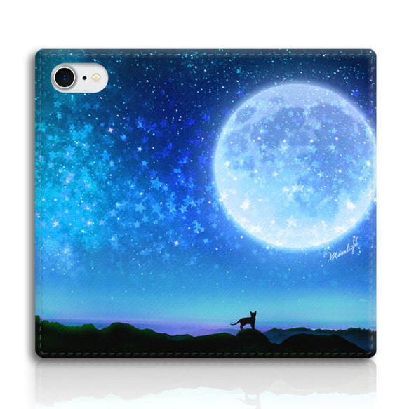 満月とねこの手帳型スマホケース（ブルー） iphone13 iphone14 iphone15 全機種対応 猫 宇宙 3枚目の画像