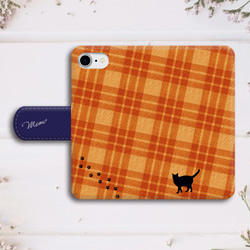猫とチェックの手帳型スマホケース（オレンジ×ネイビー） 全機種対応 スマホケース iphone14 iphone15 猫 3枚目の画像