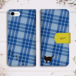 猫とチェックの手帳型スマホケース（青×イエロー） 全機種対応 スマホケース iphone14 iphone15 猫 2枚目の画像