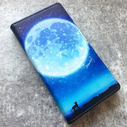 満月とねこの手帳型スマホケース（ブルー） iphone13 iphone14 iphone15 全機種対応 猫 黒猫 月 1枚目の画像