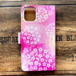 桜の手帳型スマホケース（濃紅） 全機種対応 スマホケース iphone14 iphone15 桜 春 3枚目の画像