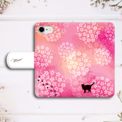 猫と桜の手帳型スマホケース（濃紅） 全機種対応 スマホケース iphone14 iphone15 猫 桜 3枚目の画像