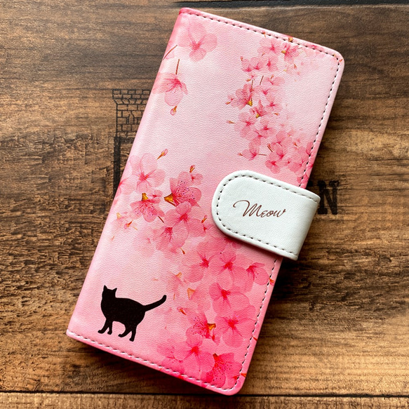 猫と和桜の手帳型スマホケース 全機種対応 スマホケース iphone14 iphone15 猫 桜 5枚目の画像