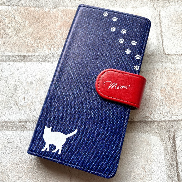 にゃんこデニムの手帳型スマホケース（インディゴ×赤） iphone14 iphone15 全機種対応 猫 黒猫 デニム 5枚目の画像