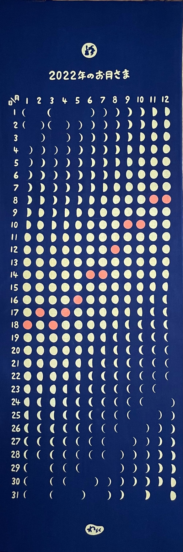 型染め（注染）手ぬぐい　カレンダー　月暦　365日のお月さま　2022年版　2022年のお月さま　紺　満月橙 1枚目の画像