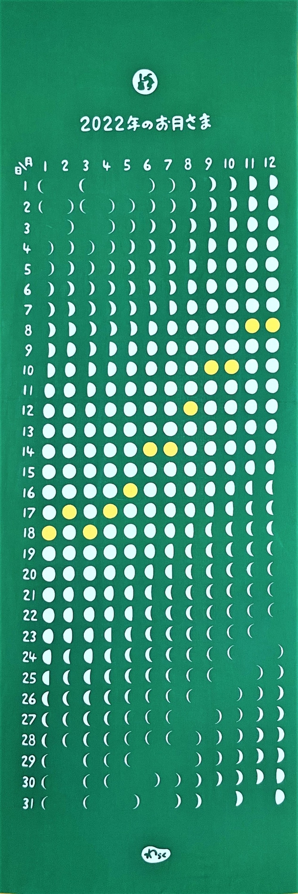 型染め（注染）手ぬぐい　カレンダー　月暦　365日のお月さま　2022年版　2022年のお月さま　ビビッドグリーン 1枚目の画像