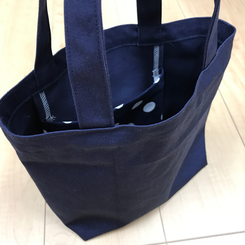11号帆布のミニトートバッグ(無地×ドット柄ポケット)ネイビー