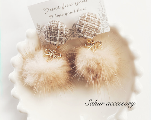 再販2 フリンジ ピンク グレー ピアス イヤリング ツイード リボン