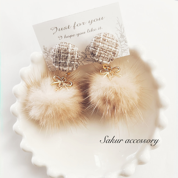 ツイード×リボン×ミンクファー ピアス イヤリング ピアス（その他