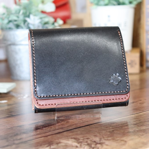 送料無料！栃木レザーダブルフラップミニ財布！ブラックxブラウン