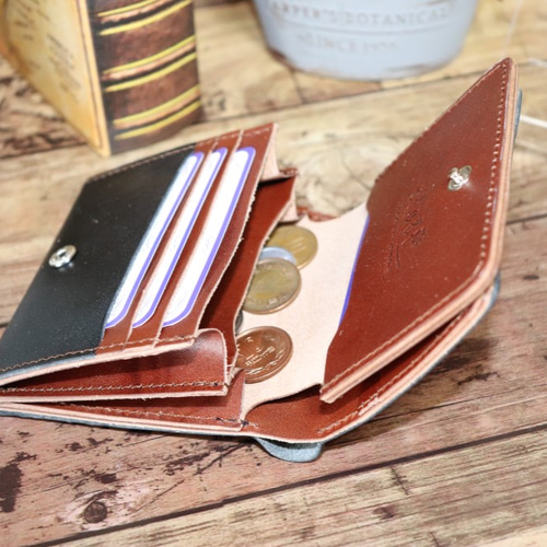 コンパクト財布　ミニ財布　栃木レザー 送料無料！栃木レザーダブルフラップミニ財布！ブラックxブラウン