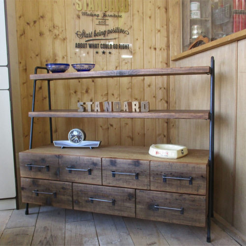シェルフ ドロワーシェルフ アンティーク 棚 アイアン DRAWER SHELF120 /古材とアイアンのドロワーシェルフ 本棚・絵