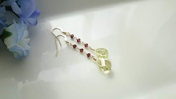 宝石質レモンクォーツ・4面ツイスト14Kgfピアス{yukky.} ピアス