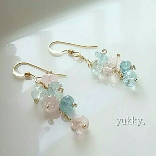 宝石質アクアマリンAAA＊モルガナイトAAAボタンカット＊ピアス14kgf