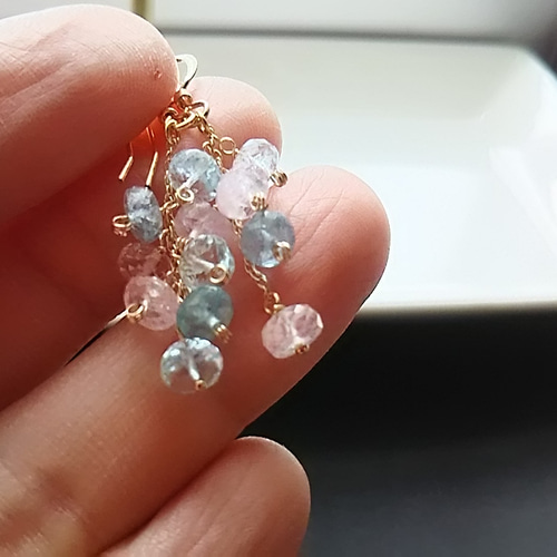 宝石質アクアマリンAAA＊モルガナイトAAAボタンカット＊ピアス14kgf