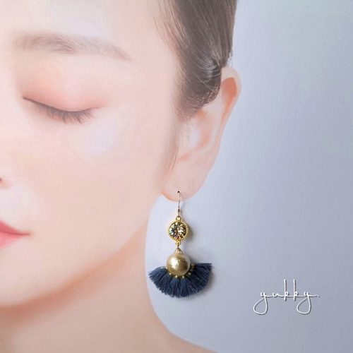 タッセル(ブルー)✽コットンパール✽スワロフスキー(ピアス/イヤリング 