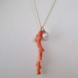 天然珊瑚＆淡水パールのネックレス/Japanese Coral＆Fresh water pearl  14kgf 3枚目の画像