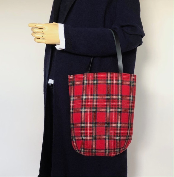 ウールチェック ラウンド手提げバック 受注製作 トートバッグ 9210