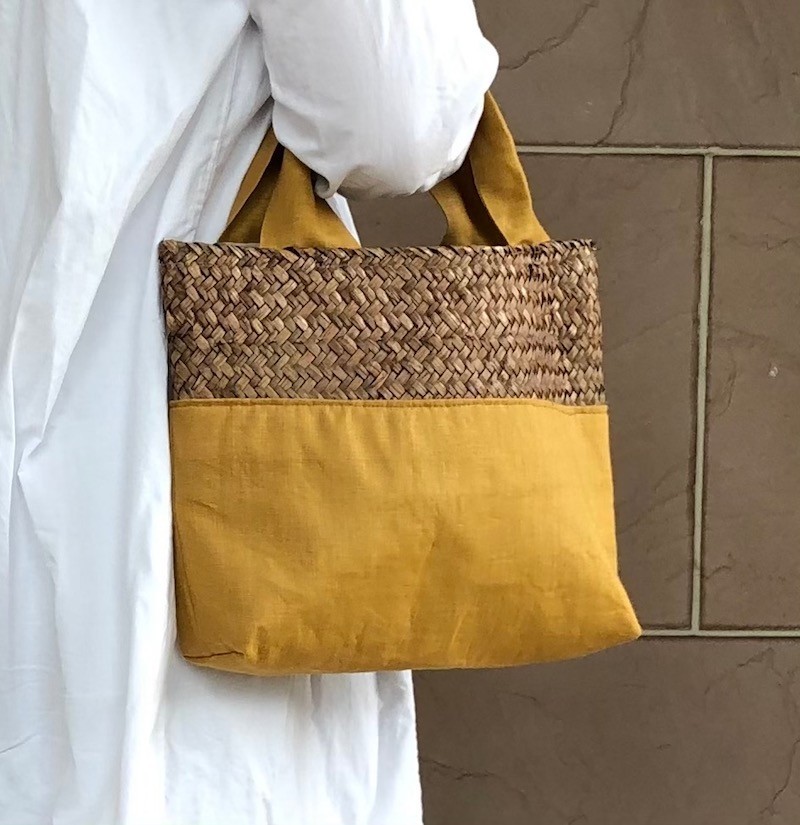 麦わらとリネンコンビかばん　横型　からし　受注製作