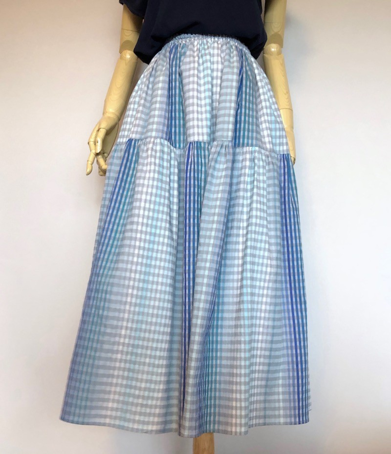シルク混チェック＆チェック　ティアードギャザースカート裏地付き