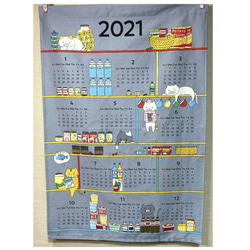 布製カレンダー☆2021年☆猫とキッチン/グレー☆コットン100％☆タペストリー 1枚目の画像