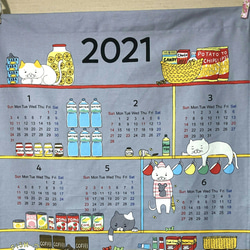 布製カレンダー☆2021年☆猫とキッチン/グレー☆コットン100％☆タペストリー 2枚目の画像