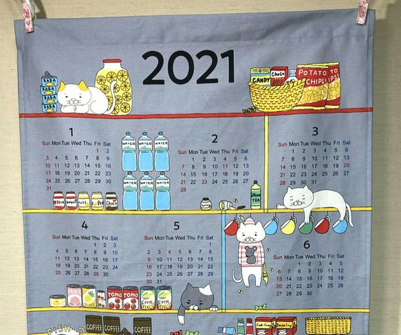 布製カレンダー☆2021年☆猫とキッチン/グレー☆コットン100％☆タペストリー 2枚目の画像
