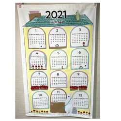 布製カレンダー☆2021年☆しろくまとペンギン/緑の屋根☆コットン100％☆タペストリー 1枚目の画像