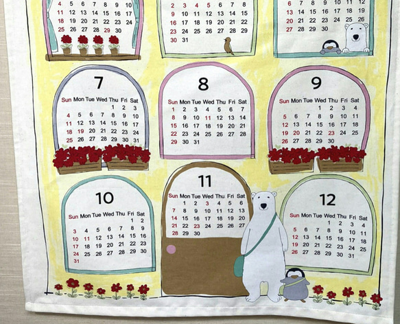布製カレンダー☆2021年☆しろくまとペンギン/緑の屋根☆コットン100％☆タペストリー 3枚目の画像