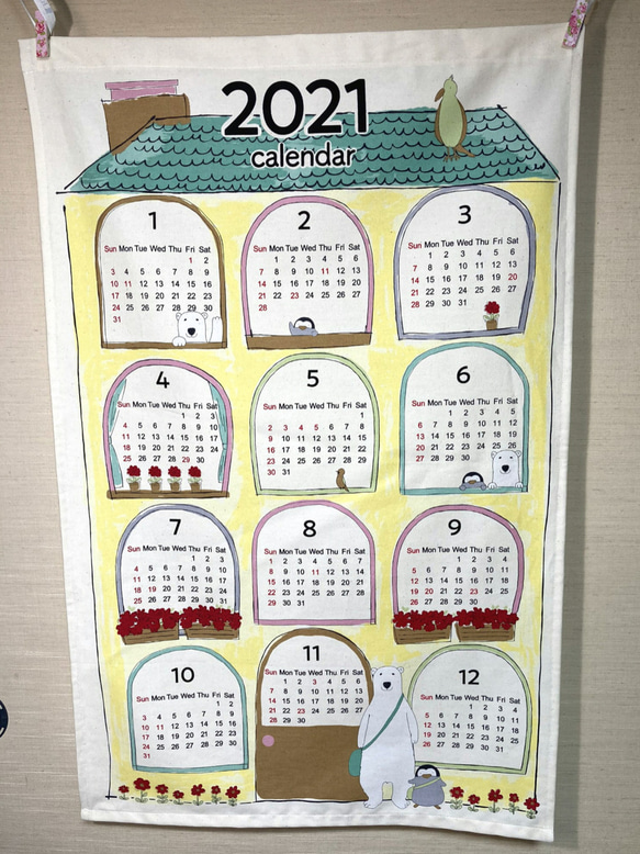 布製カレンダー☆2021年☆しろくまとペンギン/緑の屋根☆コットン100％☆タペストリー 4枚目の画像