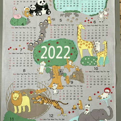 布カレンダー202２年☆猫と動物園：アイボリー☆壁掛け☆ファブリックカレンダー☆コットン100% 5枚目の画像