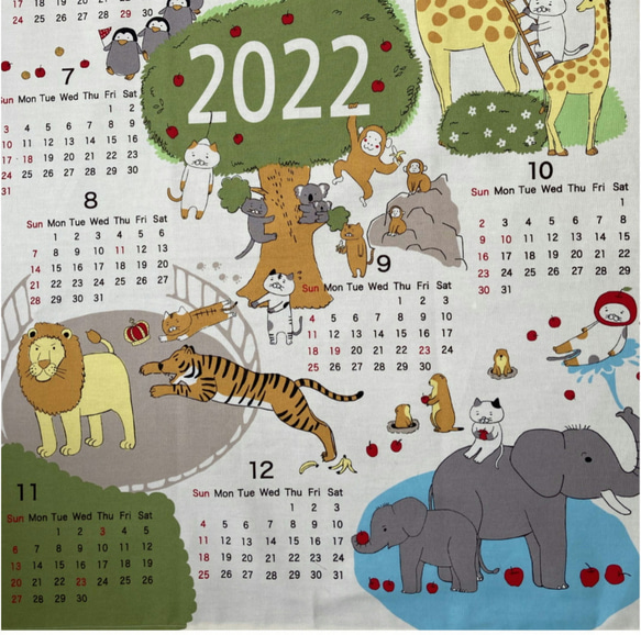 布カレンダー202２年☆猫と動物園：アイボリー☆壁掛け☆ファブリックカレンダー☆コットン100% 3枚目の画像