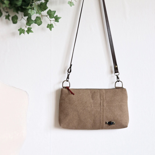 パッチワーク帆布のショルダーバッグ サコッシュ【ベージュ