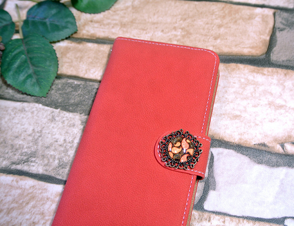 iphone6手帳型ケース 赤 スエード カボション 北欧 3枚目の画像